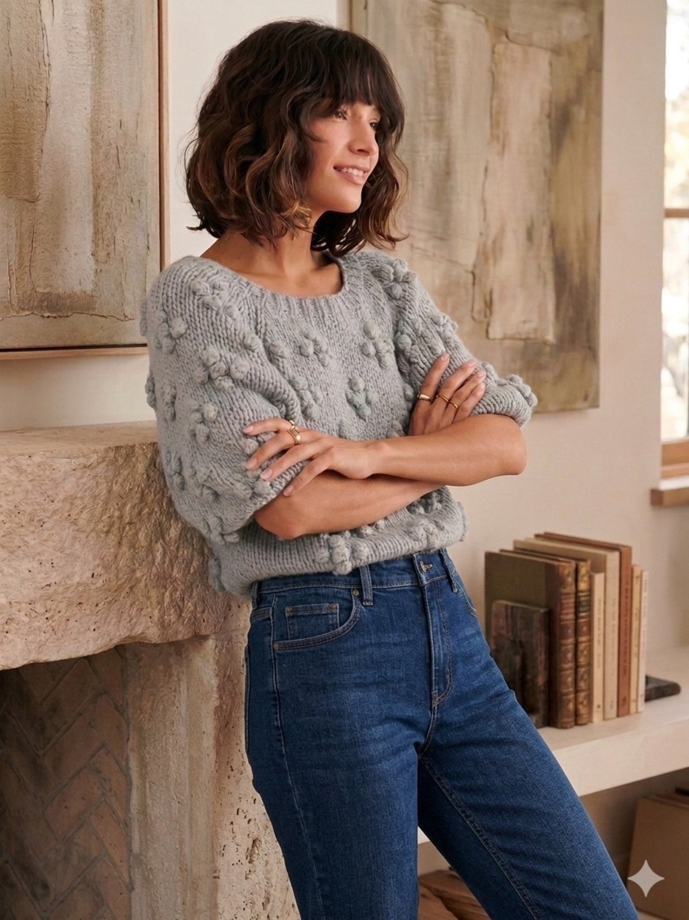 CALLAHAN KNITWEAR ~ Light Gray Pom Stitch Cropped Sweater